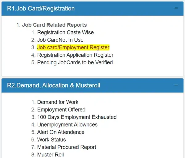 NREGA Reports Menu List
