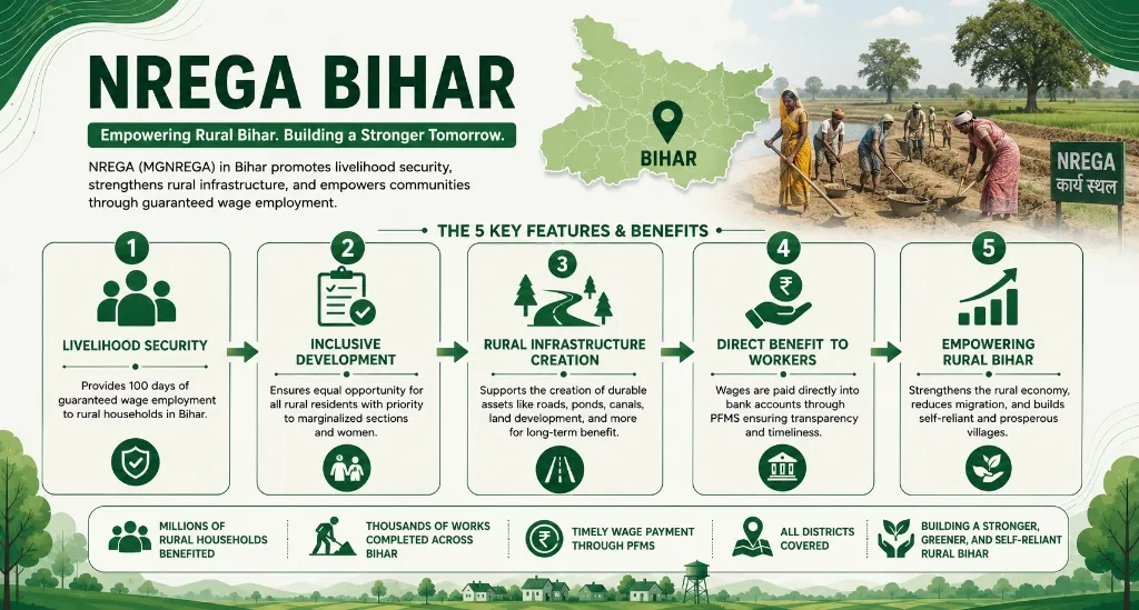 NREGA Bihar Livelihood Security and Rural Infrastructure Benefits Infographic Banner