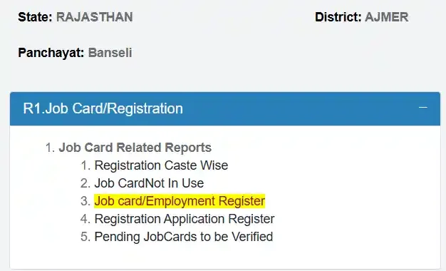 NREGA Rajasthan R1.Job Card Menu
